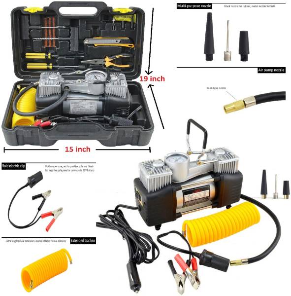 COMPRESOR PORTATIL DE DOBLE CILINDRO + KIT DE HERRAMIENTAS (12V 150 PSI) PARA AUTOS Y CAMIONETAS