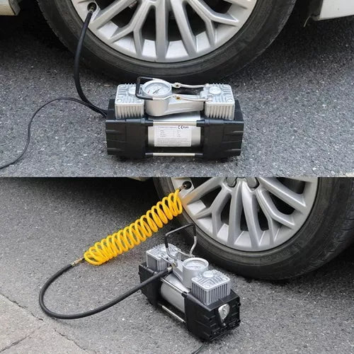 COMPRESOR PORTATIL DE DOBLE CILINDRO + KIT DE HERRAMIENTAS (12V 150 PSI) PARA AUTOS Y CAMIONETAS