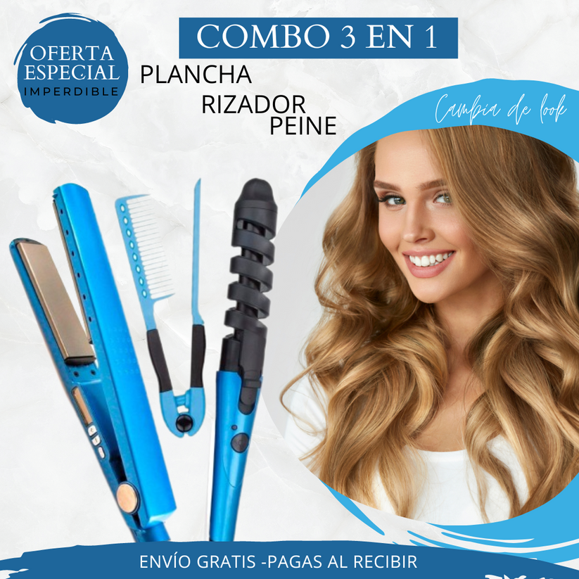 Combo 3 en 1 Nano Titanium Plancha, Peine y Rizador