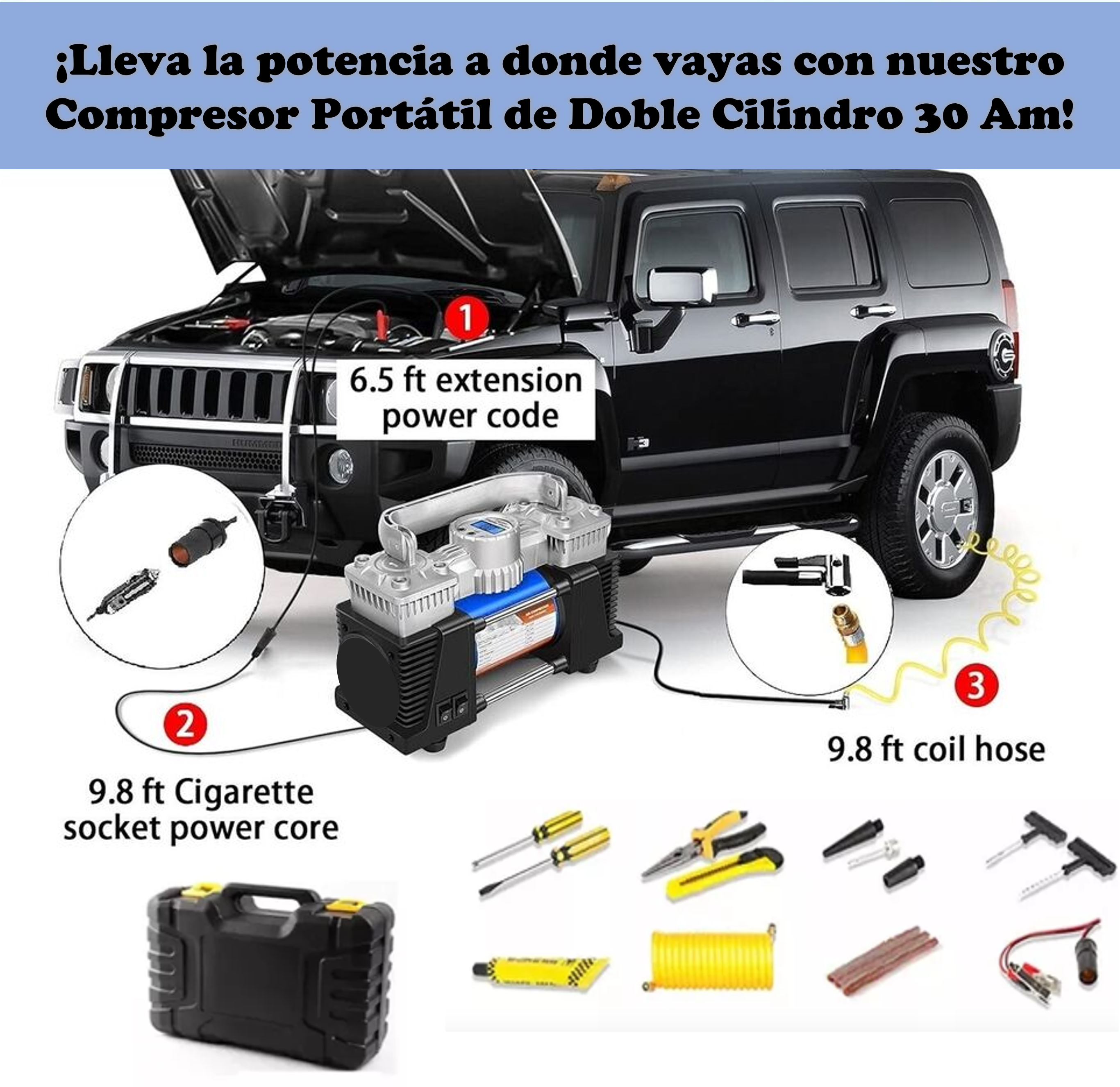 COMPRESOR PORTATIL DE DOBLE CILINDRO + KIT DE HERRAMIENTAS (12V 150 PSI) PARA AUTOS Y CAMIONETAS