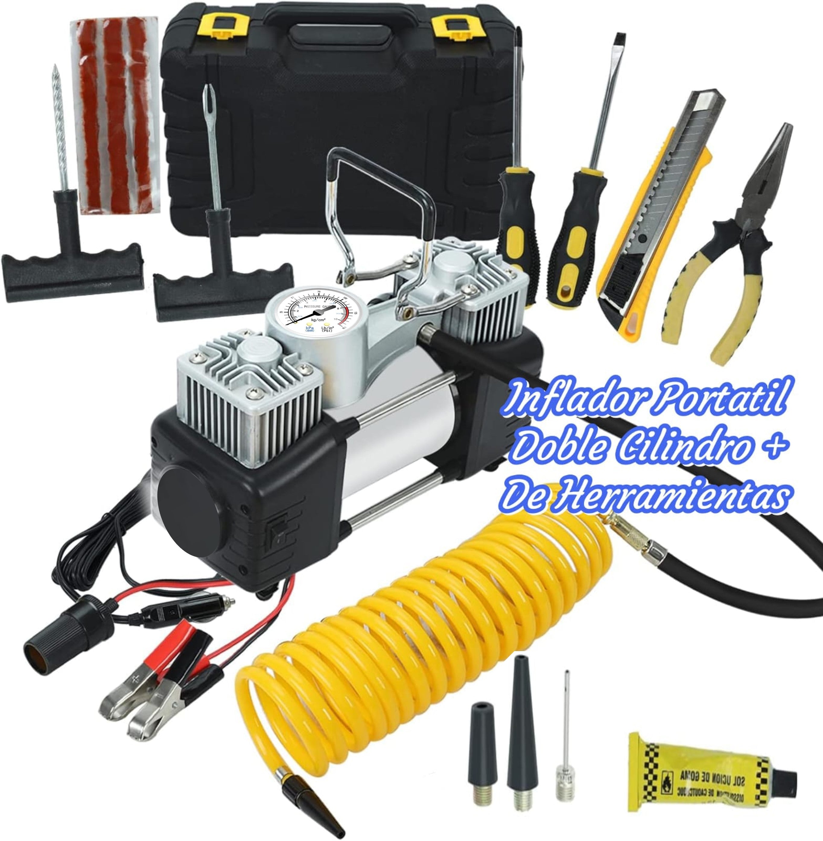 COMPRESOR PORTATIL DE DOBLE CILINDRO + KIT DE HERRAMIENTAS (12V 150 PSI) PARA AUTOS Y CAMIONETAS