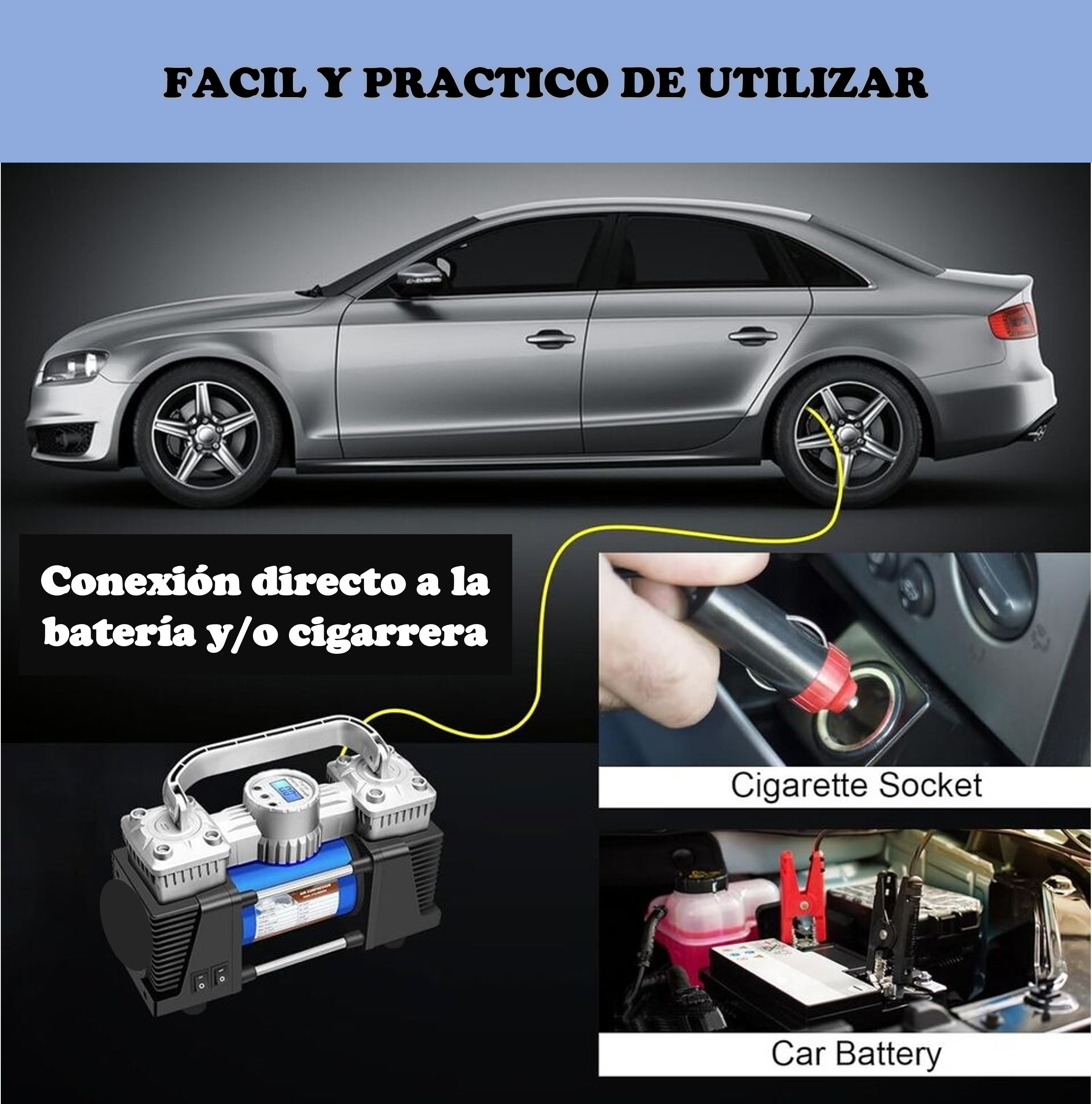 COMPRESOR PORTATIL DE DOBLE CILINDRO + KIT DE HERRAMIENTAS (12V 150 PSI) PARA AUTOS Y CAMIONETAS